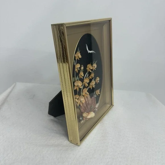 Vintage‎ Shell Art Floral Bird Black Velvet Gold Frame Cherry blossoms Beach 8" - Picture 6 of 13